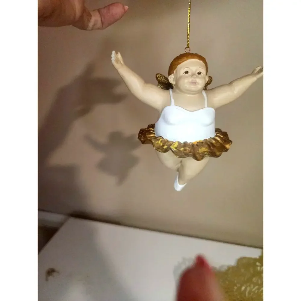 Chubby Cherub Ballerina Angel Christmas Ornament Gold Tutu Resin Figurine